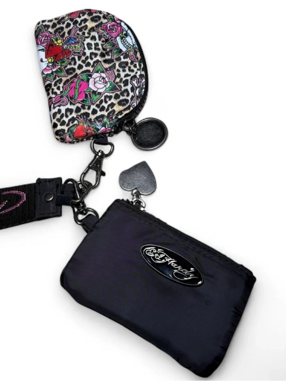 Ed Hardy Black and Pink Wristlet Set with Leopard Skull Coin Purse